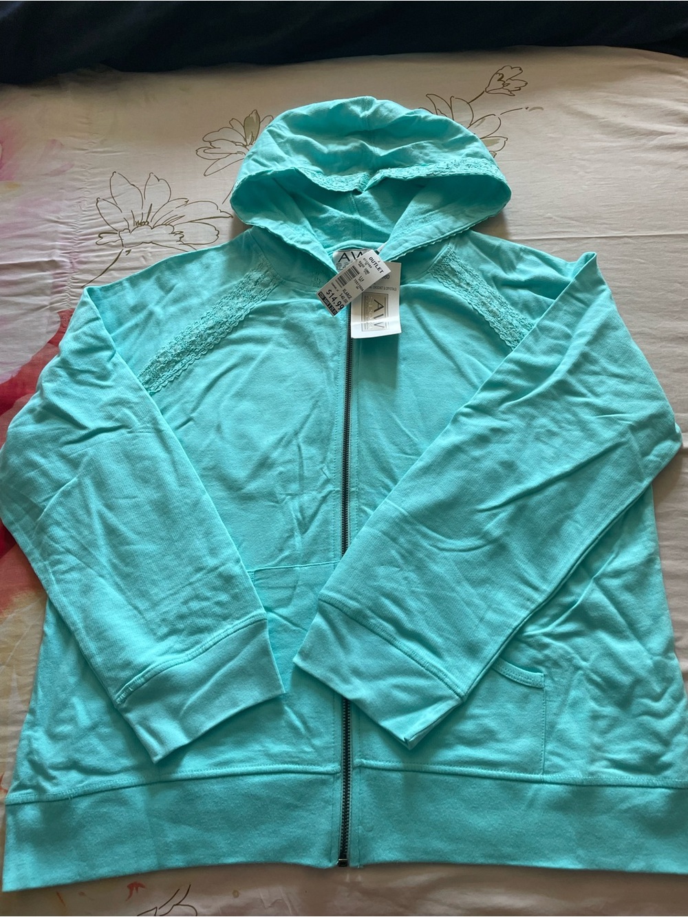 Y2K Teal Full-Zip Hoodie with Lace Details